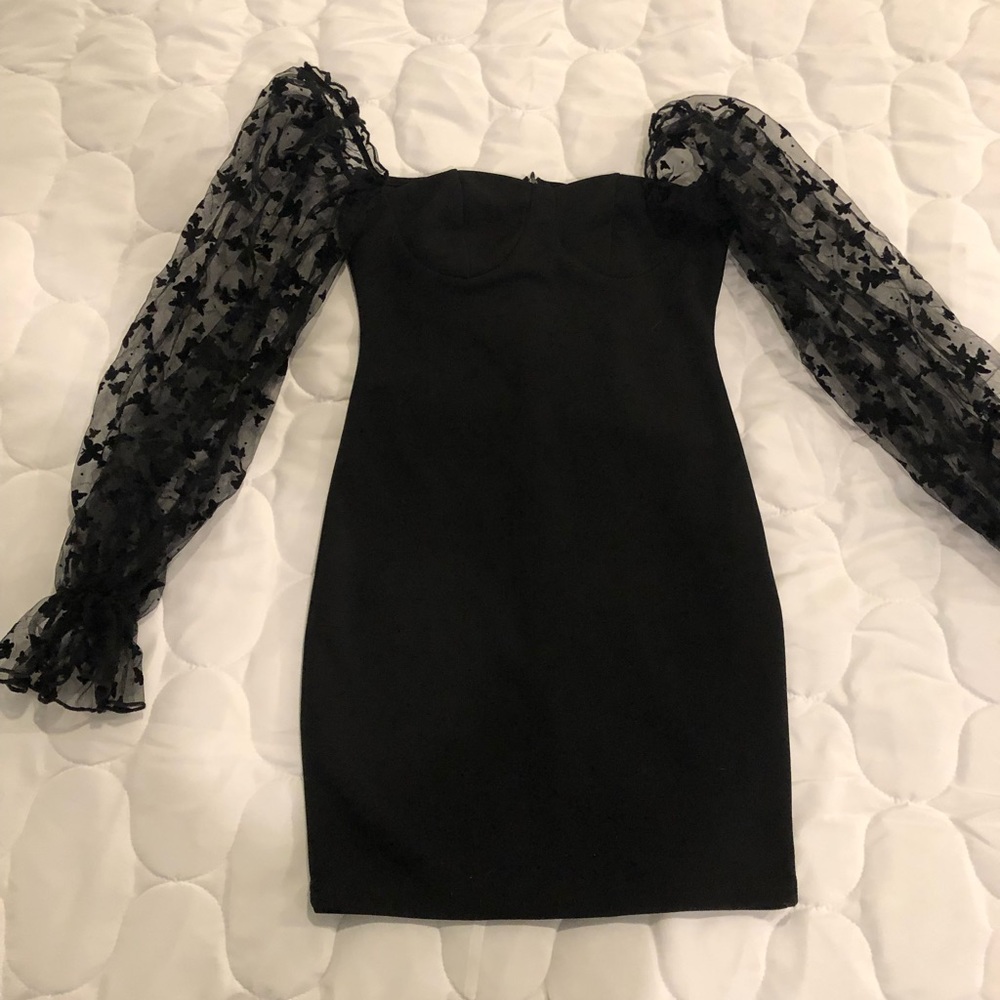 Black cocktail dress with off the shoulder butterfly sleeves